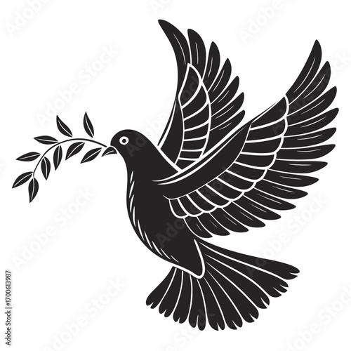 A stylized black silhouette of a dove in flight carrying a green olive branch in its beak symbolizing peace and hope against a clean white background