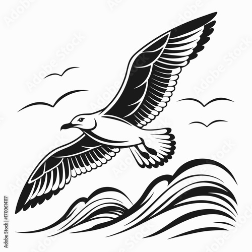A majestic seagull soars gracefully above stylized ocean waves under a clear sky with other birds flying in the distance