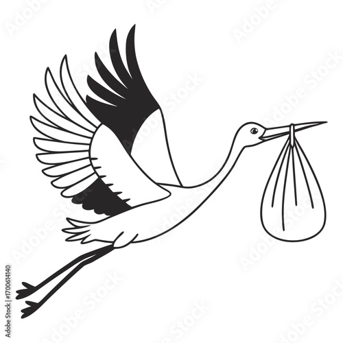 A classic black and white line art illustration of a stork in flight carrying a baby bundle in its beak symbolizing new life and birth