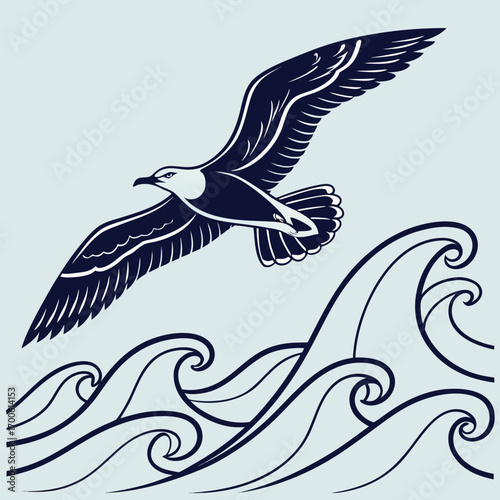 A stylized dark blue silhouette of a seagull in flight gracefully soars above dynamic swirling ocean waves against a pale blue background