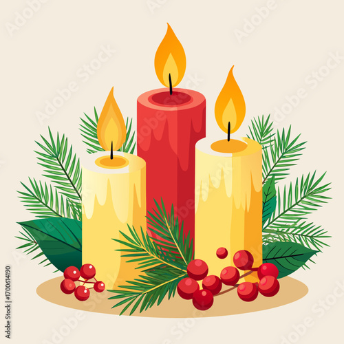 Three lit pillar candles with festive decorations vector illustration vector