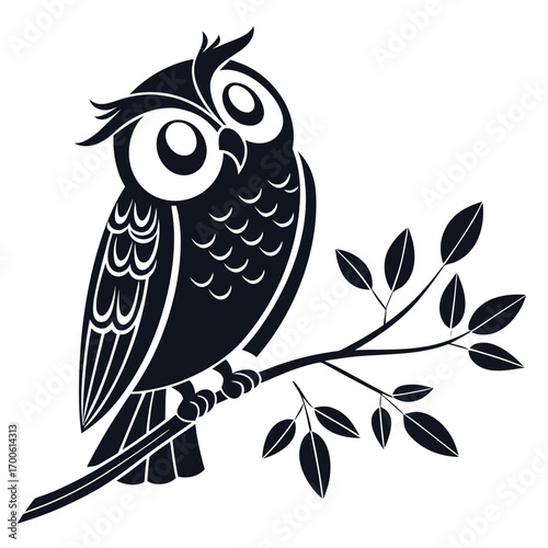 Stylized silhouette of a watchful owl perched on a branch with leaves presented in a minimalist black and white graphic design perfect for logos and icons