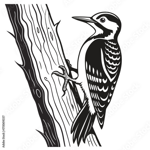 A detailed black and white illustration of a woodpecker clinging to a textured tree trunk with its sharp claws showcasing its distinctive plumage and pointed beak