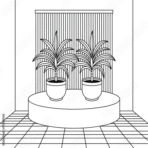 Simple line art illustration of two potted plants on a pedestal