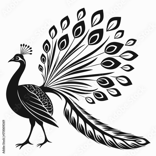 Elegant black silhouette of a peacock with its elaborate fanned tail feathers displayed against a clean white background showcasing intricate detail and graceful form