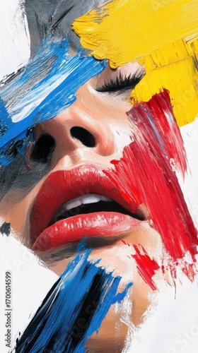 Close-up abstract portrait with vibrant paint strokes