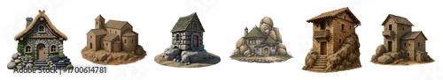 Fantasy stone building set including rustic cottages, towering structures, and ancient dwellings isolated. Medieval and game asset collection.