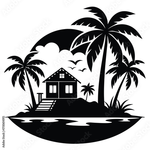Black Silhouette of a Tropical Island with Palm Trees, House, and Birds Flying