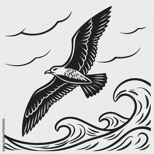 Majestic seagull soaring gracefully above stylized ocean waves under a cloudy sky in a bold black and white graphic illustration