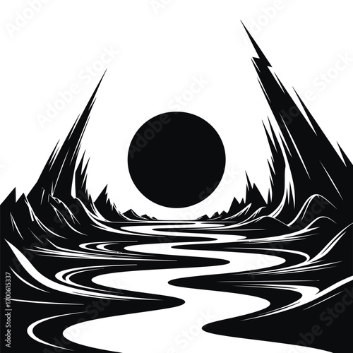 Dark landscape with winding river and black sun