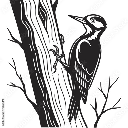 A striking black and white graphic illustration of a woodpecker clinging to a textured tree trunk with bare branches extending outwards against a clean white background
