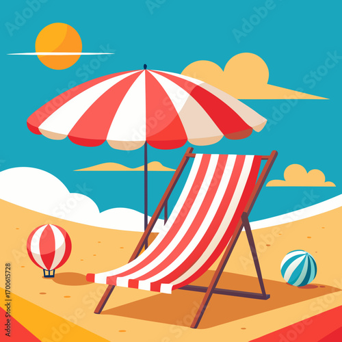 Vibrant flat illustration serene beach scene with umbrella chair vector