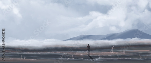 Fotografie Man in hoodie standing on surreal desolate landscape with fog, mountain and cloudy sky