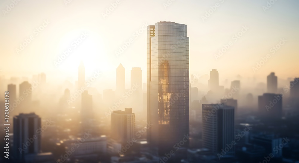 Fototapeta premium Modern skyscraper rises above the cityscape, bathed in the warm glow of the morning sun, creating a stunning urban landscape with a sense of grandeur