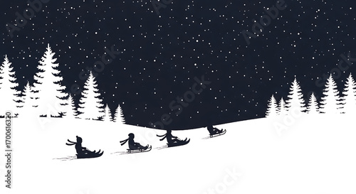 Winter Night Scene: Silhouettes of Sledding People and Snowy Pine Trees Under the Starry Sky