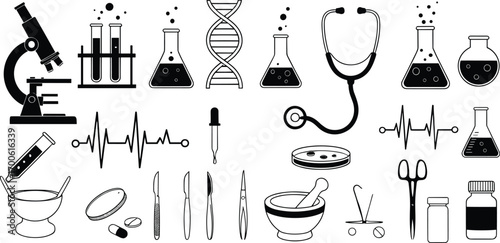 Medical equipment and scientific icons, laboratory tools, microscope, test tubes, DNA strand, stethoscope, pills, scalpel, healthcare and research symbols