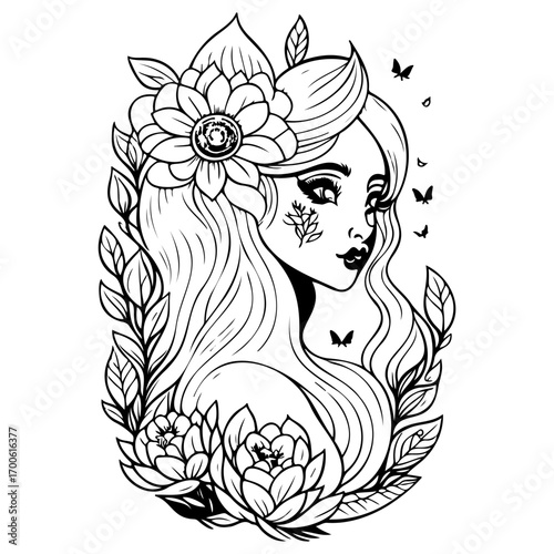 mythical beautiful xana with floral illustration sketch hand draw