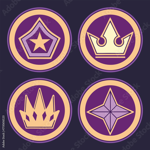 Collection of four kingdom hearts inspired emblems featuring crowns and stars on a dark purple background