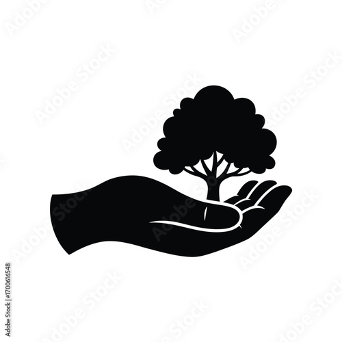 Black silhouette of a hand holding a small tree icon