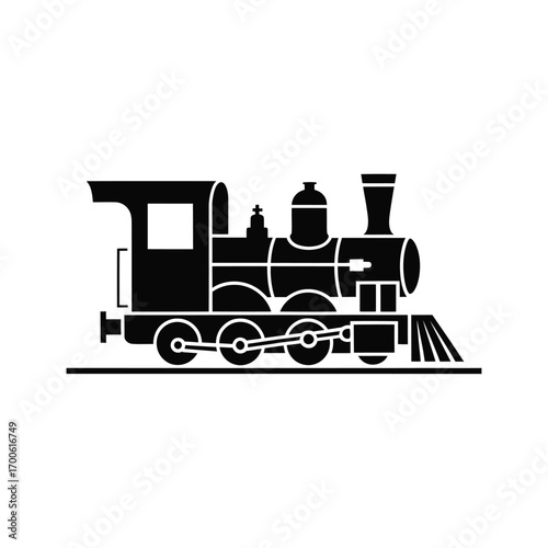 Black silhouette of a classic steam locomotive on a white background