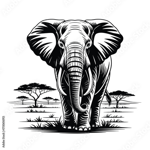 Majestic african elephant walking towards viewer in savannah landscape