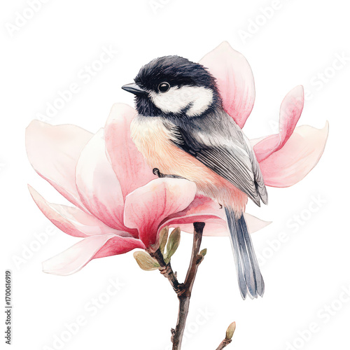 Great titmouse bird perched on a delicate pink magnolia blossom, isolated on transparent background