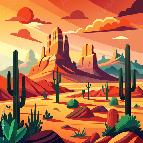 Vibrant stylized desert landscape flat illustration vector art vector