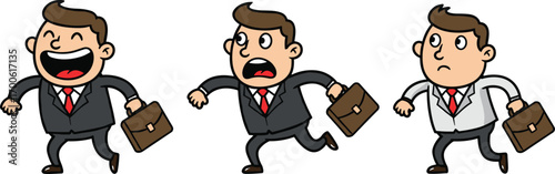 Cartoon businessmen running with briefcases showing happy, surprised, and neutral expressions – emotional workplace reactions in motion vector illustration