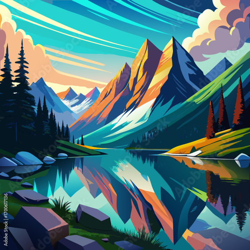 Vibrant stylized digital painting majestic mountain lake reflection vector vector