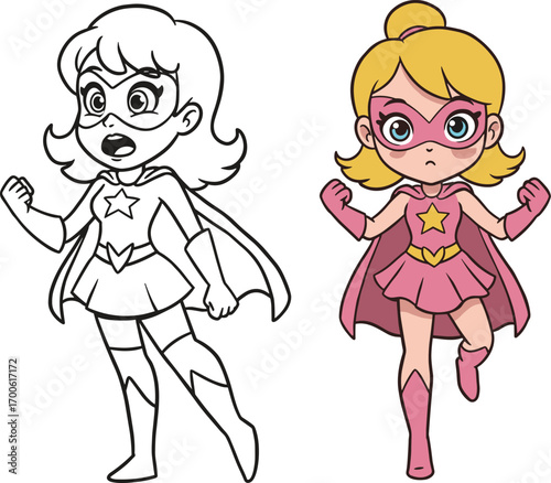 Cartoon female superhero character in line art and colored version, dynamic action pose, star emblem, cape, mask, vector illustration design