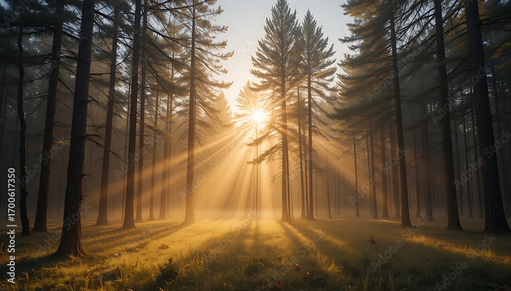 Obraz premium Sunbeams pierce through the misty forest canopy, illuminating the trees and forest floor with a warm, golden glow