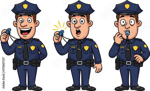 Cartoon Police Officers Blowing Whistles in Uniform – Law Enforcement Characters Showing Alert, Action, and Safety Response in Vector Illustration