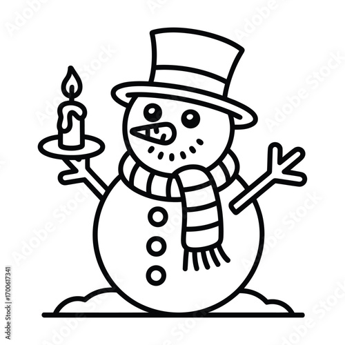 Cute snowman holding a candle wearing a hat and scarf