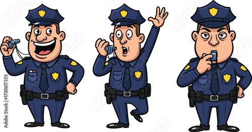 Cartoon police officers in uniform with different facial expressions blowing whistles, law enforcement characters, vector illustration for safety and security themes