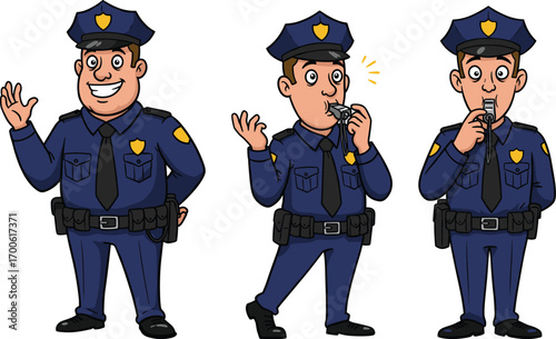 Cartoon police officers in uniform with varied expressions and poses, blowing whistles, law enforcement characters, vector illustration for safety and security themes