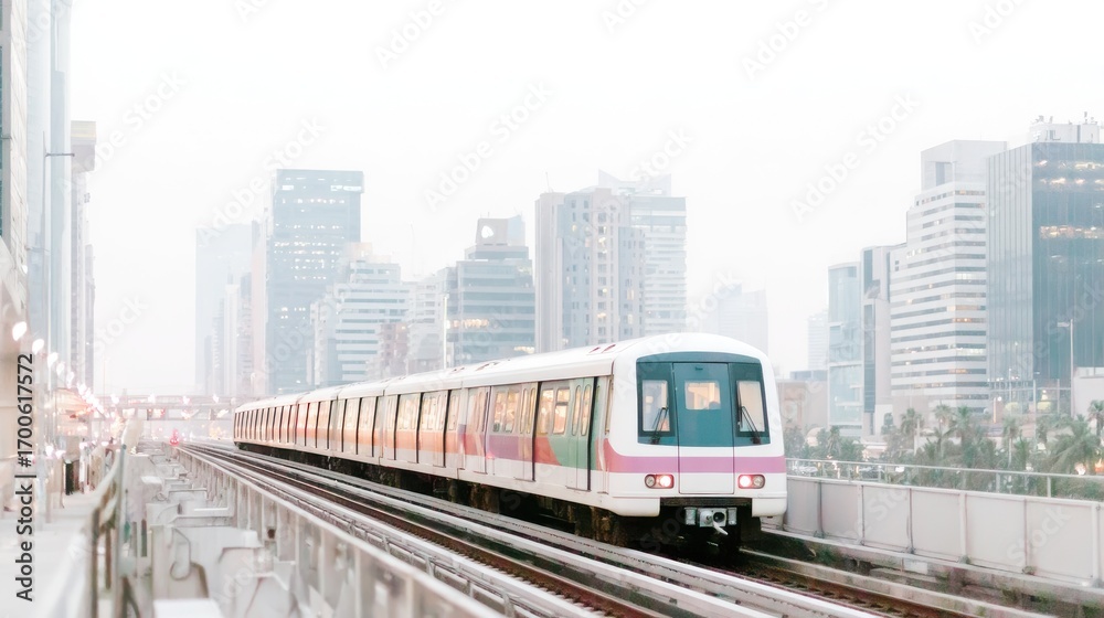 Fototapeta premium Visual journey tranquil evening commute on urban railway at golden hour