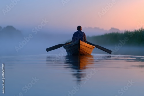 A fisherman rowing a wooden boat across a calm misty lake at dawn