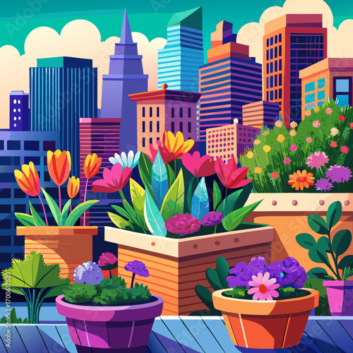 Vibrant stylized rooftop garden illustration with cityscape vector
