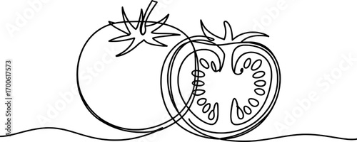 Whole and halved tomato drawn with continuous black line whole tomato fruit