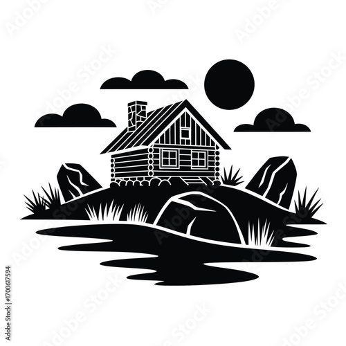 Rustic log cabin on a hilltop with sun and clouds