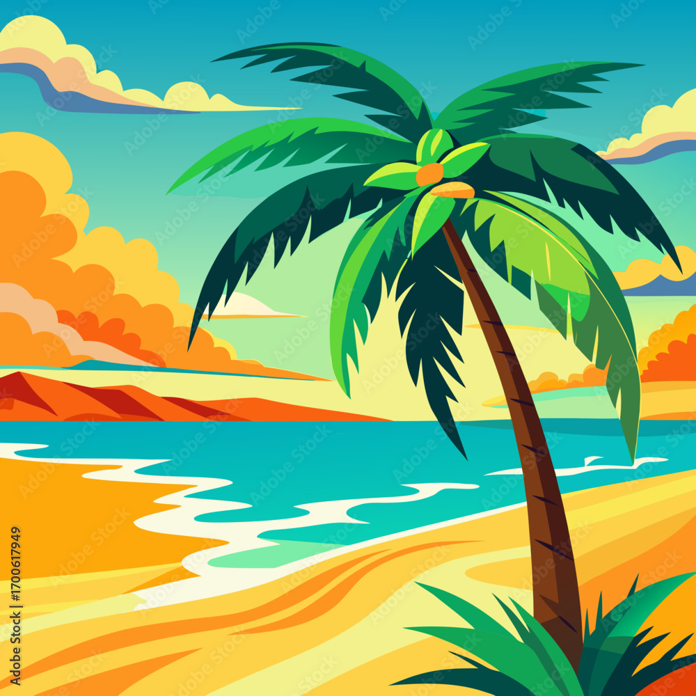 Fototapeta premium Vibrant stylized tropical beach scene with palm tree vector