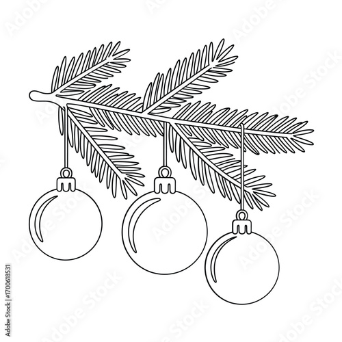 Hand drawn christmas tree branch with ornaments illustration