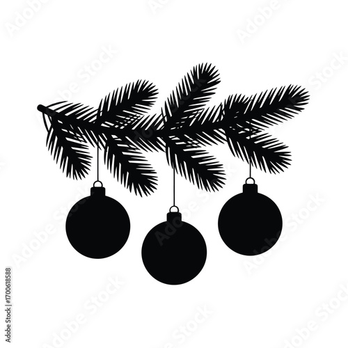 Black silhouette of a christmas tree branch with ornaments