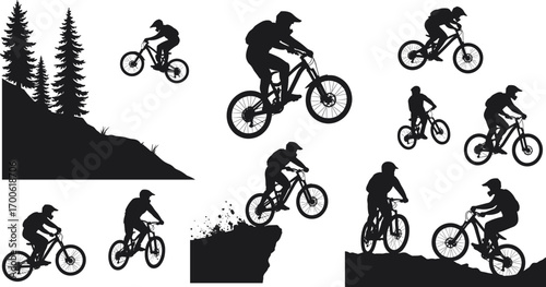 Mountain biking silhouette vector, downhill cycling adventure, outdoor extreme sport, trail bike riders, forest mountain jump, biker illustration set