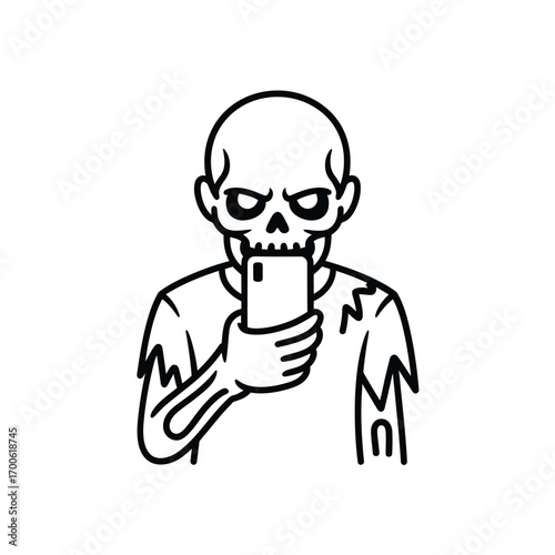Skeleton zombie character holding and looking at a smartphone