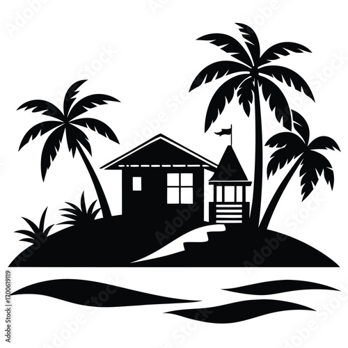 Tropical Island Silhouette Featuring a Bungalow, Palm Trees, and Ocean Waves