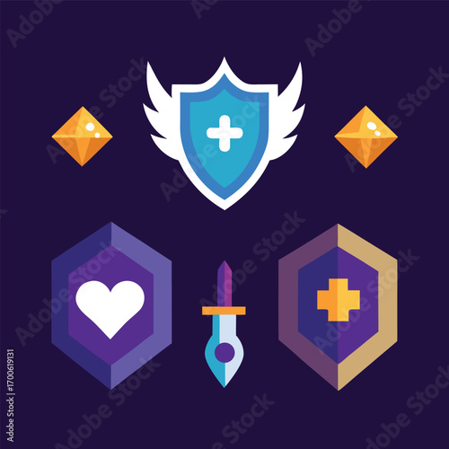 Game badges and icons set with shield, sword, heart, diamond, and plus sign for rpg games, ui design, and app development