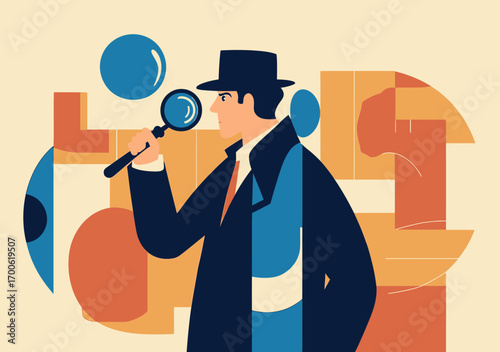 Male detective or investigator in coat and hat examining abstract shapes with magnifying glass flat minimalist vector illustration