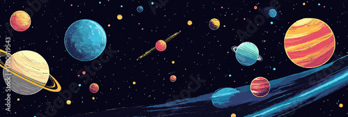 Colorful outer space scene with multiple planets and stars in pixel art style on dark background vector illustration for astronomy and cosmic theme design