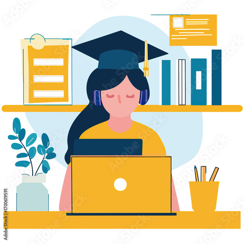Female student with graduation cap using laptop for online learning at desk with books and stationery in flat minimalist style